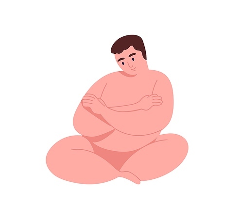 Young big, body positive, fatty man. Happy or embarrassed naked adult male character fold arms. Overweight, plus size, obesity problem. Flat vector cartoon illustration isolated on white .