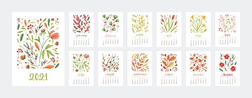 Set of various calendar templates for 2021 year vector flat illustration. Colorful creative pages decorated by natural blossom isolated on white. Collection of schedule design week start on sunday.