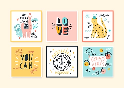 Set of colorful doodle cards vector flat illustration. Collection of postcards with cute exotic animals, plants, fruits and motivational slogans isolated. Hand drawn trendy decorative design.