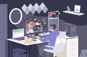 Gamer guy playing online game on computer at home vector illustration. Smiling male taking part at cybersport competition. Man cyber sportsman in headphones shooting to monster during streaming.