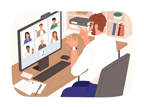 Bearded smiling guy talking with colleagues during videoconference vector illustration. People having corporate video call isolated. Man and woman discussing work enjoying online communication.