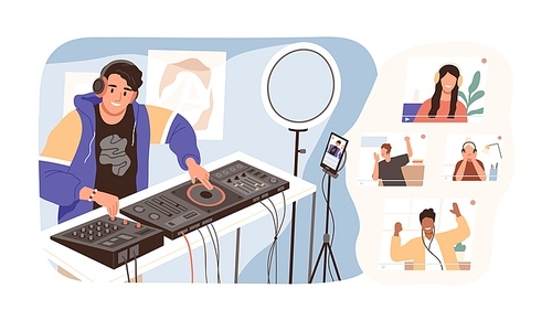 Modern guy online dj mixing music at live stream vector illustration. Smiling man in headphones have virtual party with diverse people isolated. Joyful male create sound entertainment for audience.