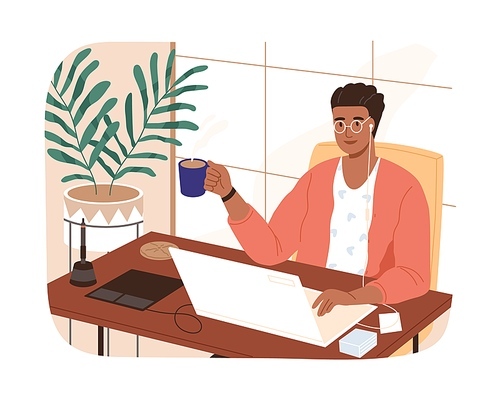 Smiling black skin freelancer male working remotely use laptop vector flat illustration. Modern designer man sitting at table with cup of coffee isolated. Self employed guy at comfortable workplace.