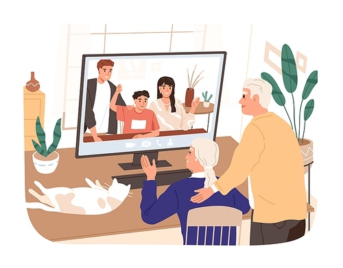 Adult children and grandchildren chatting with elderly relatives vector flat illustration. Aged man and woman talking making online video call use computer isolated. Family web communication.