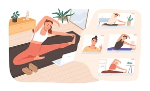Smiling woman practicing online yoga classes at home vector flat illustration. Group of active female stretching on mat watching video lesson or live stream isolated. Sports girl doing exercise.
