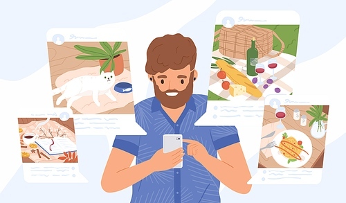 Young guy sharing moments at social networks vector flat illustration. Modern male holding smartphone making post for followers. Addiction from social media and internet.