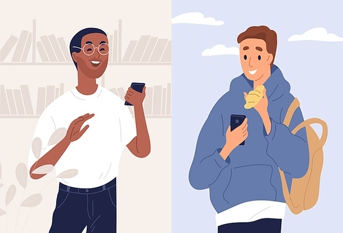 Young people, friends chatting by messenger. Teenager reading, receiving funny message, joke, trick, prank by smartphone on april fools day. Multiracial friendship. Flat vector cartoon illustration.