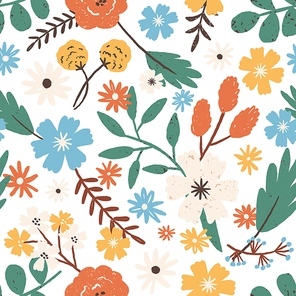 Colorful romantic hand drawn flowers seamless pattern. Elegant blooming garden flower with branches, leaves and stem vector flat illustration. Gorgeous floral backdrop with blossom herb and plant.