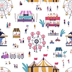 Cartoon tiny people spending time together at amusement park seamless pattern. Man, woman, children and couple at attraction area vector flat illustration. Family entertainment outdoor leisure.