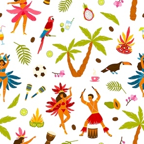 Colorful traditional Brazilian attributes seamless pattern. Man and woman in national carnival costumes dancing samba, festive masks, palm tree, coffee, football decorated with design elements.
