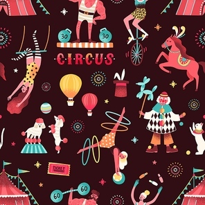 Colorful circus performers demonstrate tricks seamless pattern. Funny clown, strongman, acrobats, trained animals, trapeze artist, hooper and juggling unicyclist vector flat illustration.