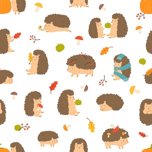 Cute cartoon funny hedgehogs seamless pattern vector flat illustration. Adorable wild animals sleep, carrying berries, playing surrounded by autumn leaves, apple and mushrooms on white background.