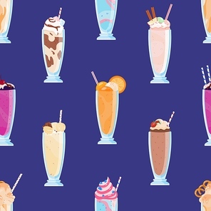 Different tasty milkshakes decorated with fruits, berries and whipped cream seamless pattern. Refreshing cocktails in glasses with straws vector flat illustration. Appetizing dessert soft drinks.