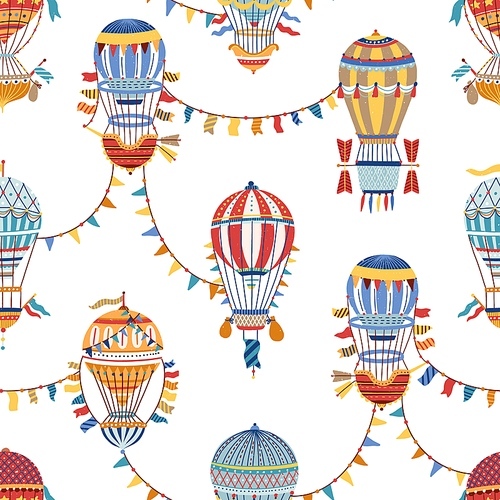 Vintage childish hot air balloon wallpaper. Seamless, repeating pattern for wrapping paper, textile design. Textured backdrop. Flat vector cartoon illustration isolated on white 