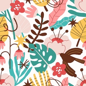 Abstract plant, flowers, bird, curves seamless pattern. Contemporary branch, leaves texture. Botanical background. Floral wallpaper, textile, wrapping paper, design. Flat vector colorful illustration.