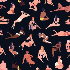 Seamless pattern of multiracial body positive people dressed in beachwear. Pregnant, tattoo, dark skin men, women. Different figures in flat cartoon vector illustration isolated on black background