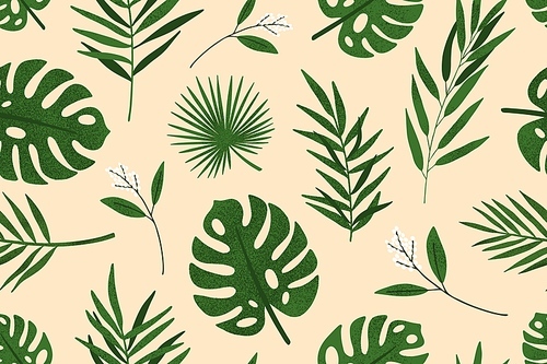 Fresh colorful leaves and branches of tropical plants seamless pattern. Bright jungle  vector flat illustration. Natural exotic botanical leaf and blossom flowers. Summer lush greenery wallpaper.