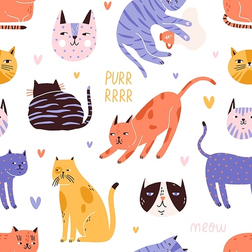 Backdrop with cute, funny cat head, muzzle, face, hearts and purr, meow text. Seamless repeatable pattern with colorful decoration element. Flat vector illustration isolated on white .