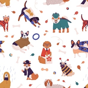 Colorful joyful dog wearing funny costumes seamless pattern. Cute pet of different breed in apparel vector flat illustration. Domestic animals dressed in various clothes on white background.