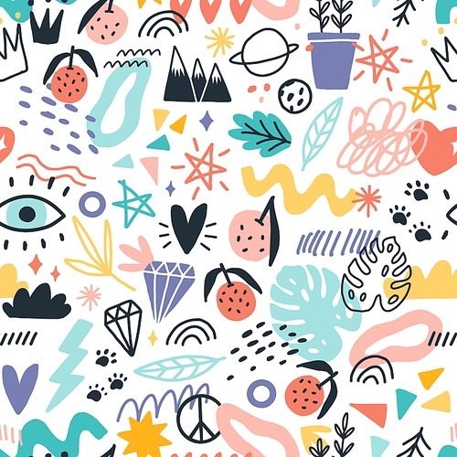 Colorful various plants, symbols and doodle design elements seamless pattern vector flat illustration. Bright different hand drawn fruit, heart, star, eye and trendy curve on white background.