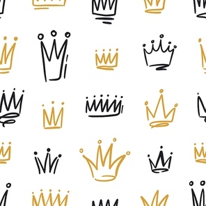 Hand drawn black and golden crowns seamless pattern. Doodle symbols of monarchy with colorful contour lines vector illustration. Drawing prince, princess, queen or king sign with design elements.