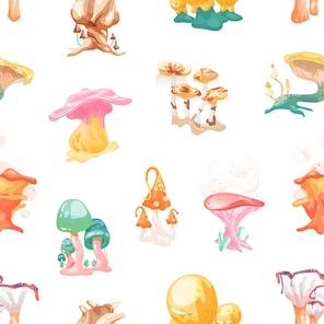 Colorful fantasy mushrooms seamless pattern. Bright fairytale fungus with legs and caps on white background. Hallucinogenic botanical ingredients vector illustration. Unusual psychedelic plant.