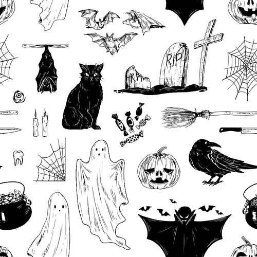 halloween black and white seamless pattern with all saints day holiday symbols. scary helloween endless  for wrapping, . flat vector cartoon illustration isolated on white.