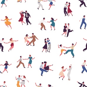 Colorful man and woman dancers performing Lindy hop or Swing seamless pattern. Pairs dancing together on white background. People demonstrate retro dance elements vector flat illustration.