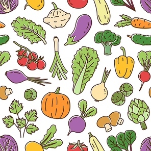 Colorful fresh organic vegetables in line art style seamless pattern. Bright natural ripe root crops, salads and herbs with design elements vector illustration. Seasonal vegetarian food ingredients.