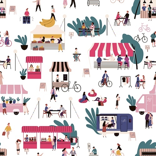 People at market seamless pattern vector flat illustration. Crowd of man and woman walk, buy, eat fast food and rest at local fair on white background. Marketplace between stalls or kiosks.