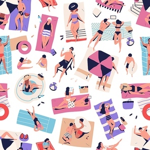 crowd of relaxed people chilling on beach seamless pattern. man, woman, couple and children relaxing, sunbathing, sleeping,  internet and playing vector flat illustration. summer vacation.