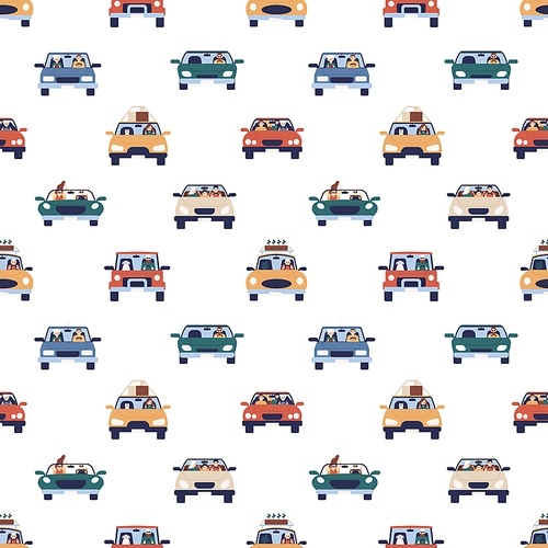 People driving colorful cars seamless pattern vector flat illustration. Front view of man, woman, children and pet at automobile on white background. Driver and passenger riding on transportation.
