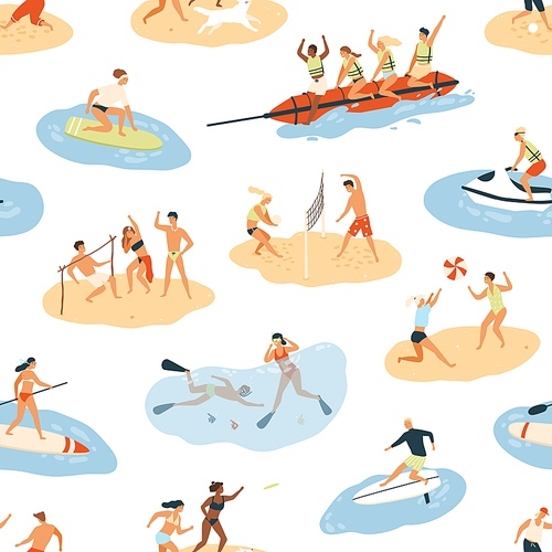 Diverse people enjoying summer outdoor activity seamless pattern. Happy man and woman having leisure at beach, in sea or ocean vector flat illustration. Person resting, doing sports and having fun.
