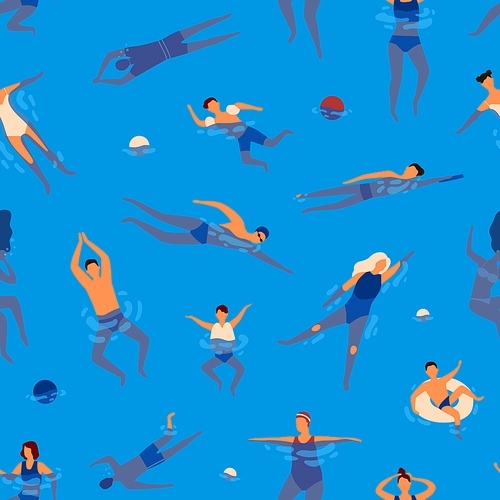 People swims in swimming pool performing water activities seamless pattern. Active man, woman and children wearing swimsuit rest at sea vector flat illustration. Relaxed person enjoying recreation.
