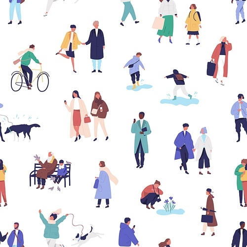 Diverse tiny people walking on street seamless pattern. Crowd of man, woman, children performing spring outdoor activities vector flat illustration. Funny characters in seasonal clothes or outerwear.