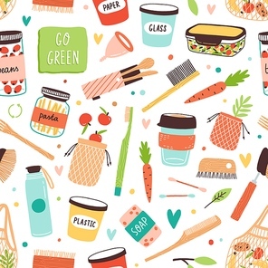 Different Zero Waste care elements, food and dishes vector flat illustration. Colorful various durable and reusable goods seamless pattern. Eco friendly accessories, vegan meal or ecology products.