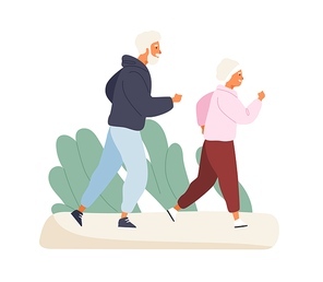 Happy elderly couple running at summer park vector flat illustration. Mature man and woman in sportswear having physical activity isolated on white. Jogger pair practicing outdoor sport together.