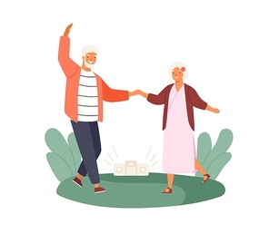 Active old couple dancing at park vector flat illustration. Happy elderly man and woman holding hands demonstrate dance movement isolated on white. Grandmother and grandfather at outdoor disco.