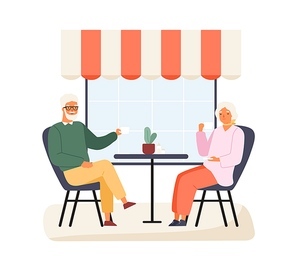 Happy elderly couple sitting at table of summer outdoor cafe vector flat illustration. Smiling mature man and woman drinking coffee or tea together isolated. Family talking spending time at cafeteria.