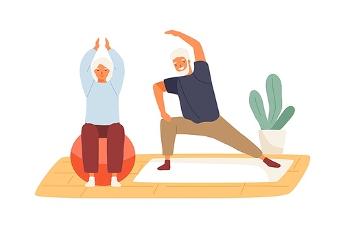 Elderly couple practicing yoga at home vector flat illustration. Active mature man and woman doing exercise on mat and aerobic ball isolated. Family enjoy sport and healthy lifestyle together.