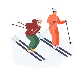 Active mature couple in sportswear ride on ski vector flat illustration. Happy man and woman enjoying outdoor winter physical activity isolated on white. Family spending time together doing sport.