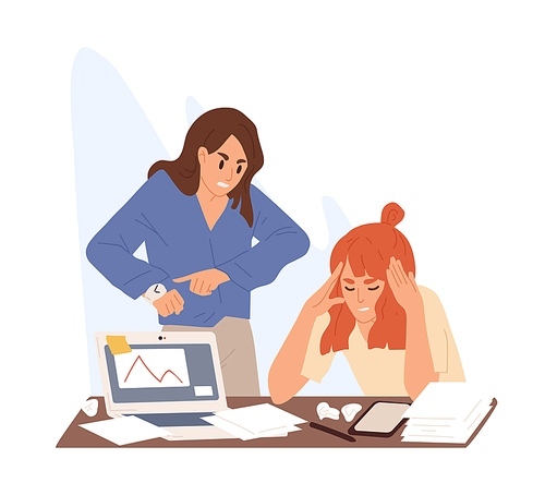 Angry boss stand over tired employee table. Stressed girl sitting with paper and hold head. Concept of pressure at work or deadline problem. Flat vector cartoon illustration isolated on white