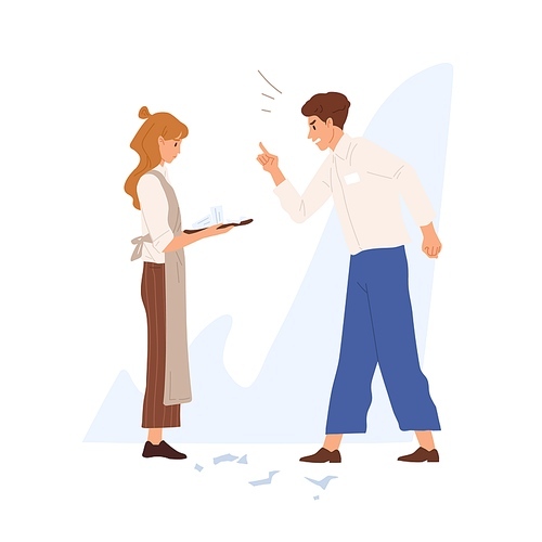 Angry restaurant manager shout at waitress holding tray with broken dishes. Conflict or dismissal scene. Cafe aggressive administrator intimidates waitress in apron. Flat vector cartoon illustration.