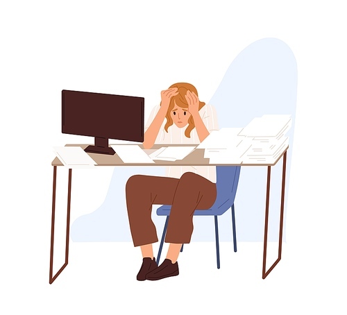 Concept of missing deadline and bad time management. Scene of tired, fatigue, stressed woman who clutch head sitting at computer table with stacks of paper. Flat vector cartoon illustration.