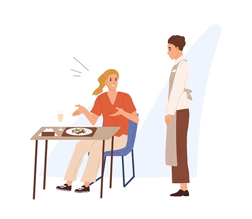 Displeased restaurant or cafe visitor shout, scream at waiter boy in apron. Woman sitting at served dinner table with dish. Conflict or scene of dissatisfied client. Flat vector cartoon illustration.