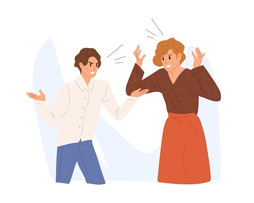 Aggressive people scream loud. Angry colleague or family couple quarrel. Irritated wife and husband conflict, scene of argue, relationship problems. Flat vector cartoon illustration