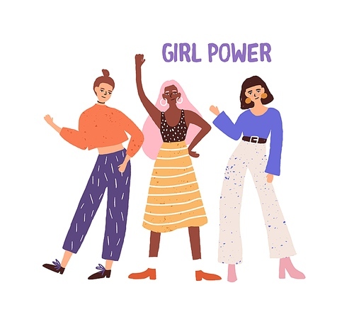 Three hand drawn diverse woman waving hand standing together vector flat illustration. Group of female friends demonstrate feminism and girl power isolated on white. Independence and gender .
