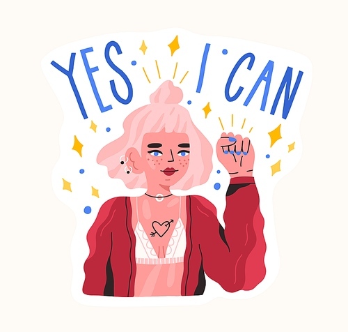 Hand drawn feminist composition with motivation phrase Yes i can vector flat illustration. Modern hipster woman raising fist demonstrate girl power isolated on white. Independence and gender .