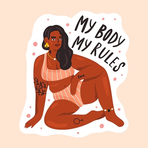 Confident black skin woman with inscription My body my rules vector flat illustration. Bodypositive female with body covered tattoo sitting in swimsuit isolated. Feminism, self acceptance and liberty.