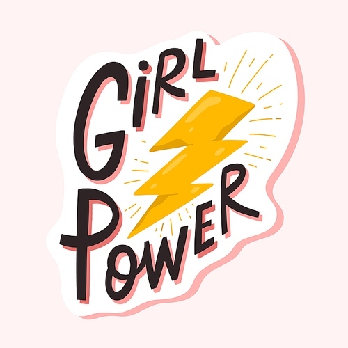 Girl power lettering composition vector flat illustration. Hand drawn feminism motivational slogan with lightning and design elements isolated. Handwritten feminist quote, phrase or apparel .